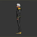3D Character With White Hair In Black Outfit Featuring Yellow Accents Standing Against Gray Background