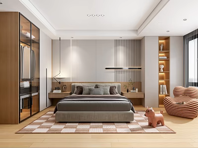 Modern Minimalist Bedroom Interior With Gray Bed Pillows Wooden Wardrobe And Checkered Rug 3d model