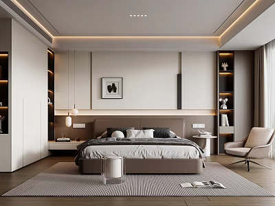 Modern Bedroom Interior With Comfortable Bed Nightstand Accent Chair Shelves Wall Art And Warm Lighting 3d model