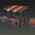 Rustic Wooden Stall With Red White Striped Canopy Crate Bench And Shield Sign