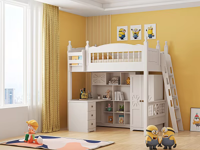 White Bunk Bed in Kids Room with Storage Shelves Yellow Walls and Minion Toys 3d model