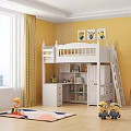 White Bunk Bed in Kids Room with Storage Shelves Yellow Walls and Minion Toys
