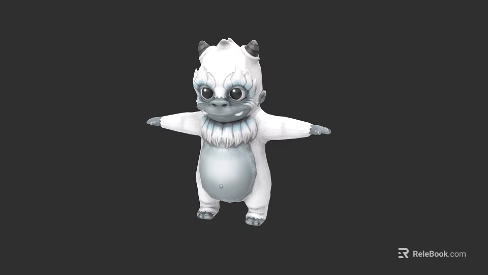 Cute White Cartoon Monster Character With Horns Big Eyes Fluffy Neck And Open Arms 3d model 