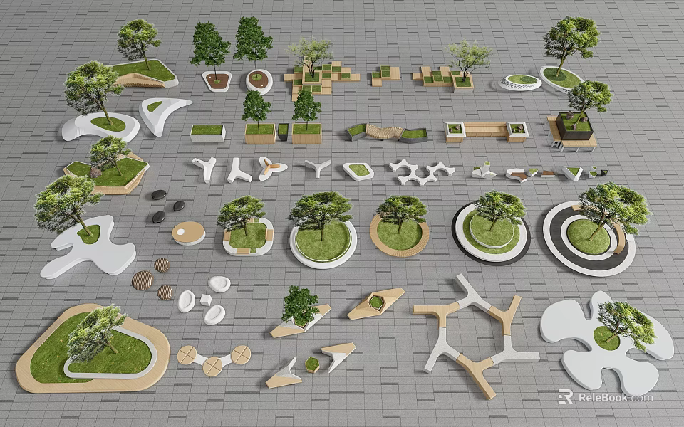 Wooden And Stone Landscape Seats Design With Geometric Shapes And Green Plants 3d model 