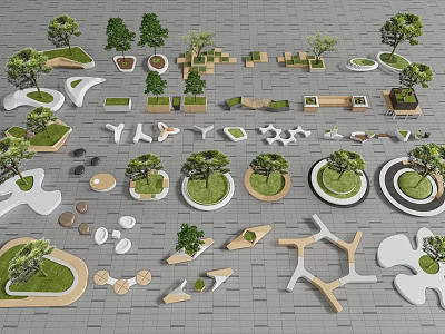 Wooden And Stone Landscape Seats Design With Geometric Shapes And Green Plants 3d model