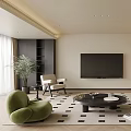 Modern Living Room Interior With Green Armchair White Sofa Black Coffee Table TV And Plant