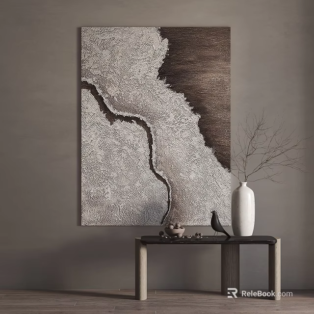 Abstract Textured Wall Art With White Vase Dried Branches And Black Bird Figurine On Table 3d model 