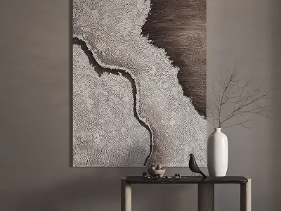 Abstract Textured Wall Art With White Vase Dried Branches And Black Bird Figurine On Table 3d model