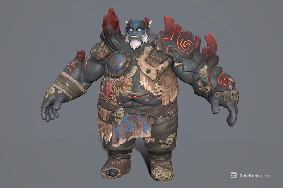 Fantasy Game Character Blue Skinned Ogre With Red Horns Ornate Armor Tribal Runes Bone Decorations 3d model 