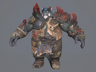 Fantasy Game Character Blue Skinned Ogre With Red Horns Ornate Armor Tribal Runes Bone Decorations 3d model