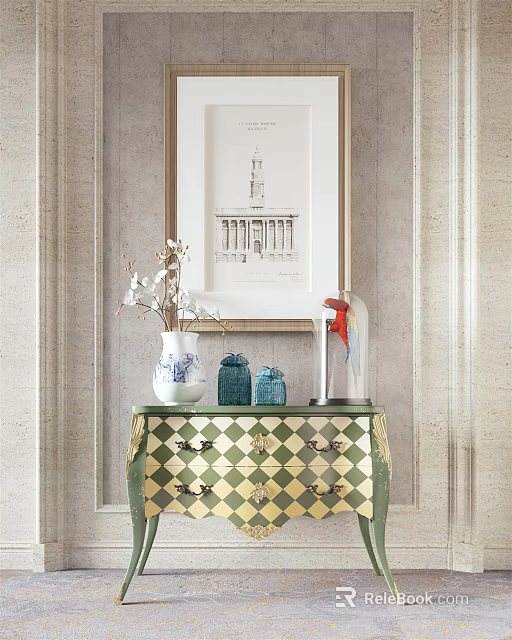 Antique Style Console Table with Checkerboard Design and Decorative Vases 3d model
