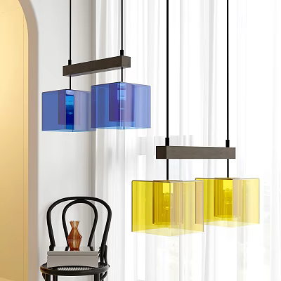 Modern Pendant Lights With Blue Yellow Square Transparent Shades Two Each And Black Horizontal Bars 3d model