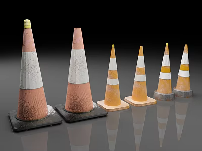 Various Colored Traffic Cones With Different Sizes And Bases On Smooth Surface With Reflections 3d model