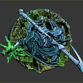 Man in Blue Robe Holding Green Glowing Object and Scythe on Green Base Sculpture