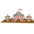 Vibrant Circus Tent With Red White Stripes Red Flag Playing Card Pillars And Colorful Stalls