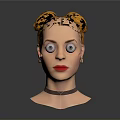 Woman with orange double buns yellow glittery eyes red lips black choker on gray background