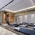 Stylish Modern Lounge Area Interior With Gray Sofas Coffee Tables And Chandelier 3d model