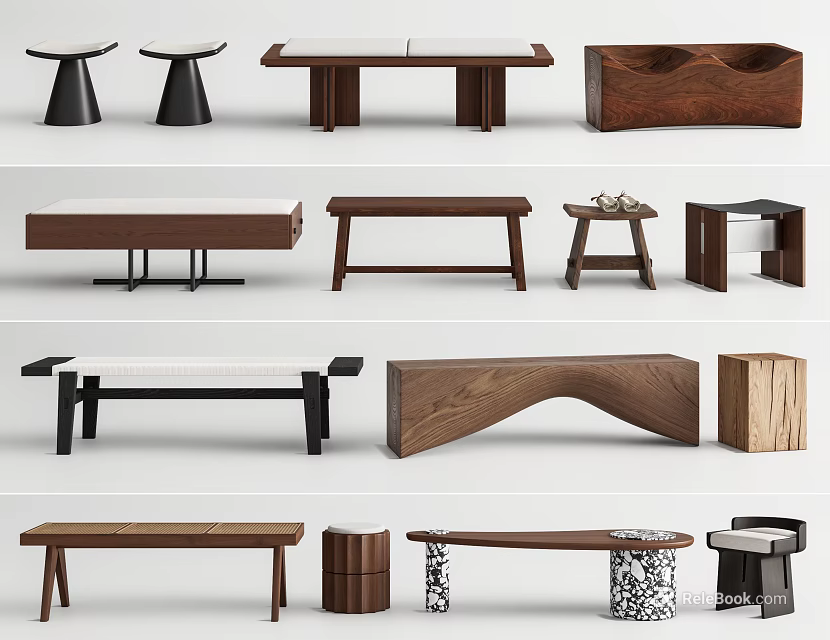 Various Wooden Stools With Modern Designs Different Shapes And Stylish Structures For Home 3d model 