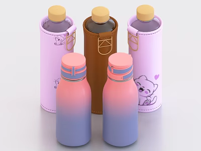 Stylish Water Bottles With Pink To Blue Gradient And Sleeves Featuring Bear Heart 3d model