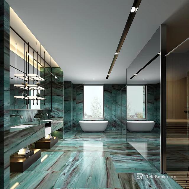 Luxury Modern Bathroom Interior With Green Marble Finishes Featuring Freestanding Bathtub And Double Vanity 3d model 