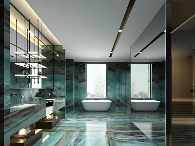 Luxury Modern Bathroom Interior With Green Marble Finishes Featuring Freestanding Bathtub And Double Vanity 3d model