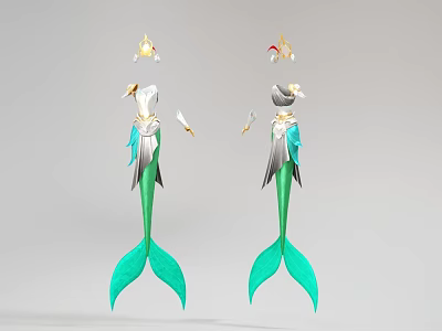 Game Movie Mermaid Character with Green Tail and Decorative Outfit Holding Weapons 3d model