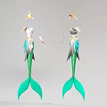 Game Movie Mermaid Character with Green Tail and Decorative Outfit Holding Weapons