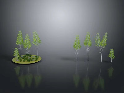 Landscaping Scene With Circular Green Platform Trees of Varying Heights Shrubs And Ground Reflections 3d model