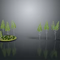 Landscaping Scene With Circular Green Platform Trees of Varying Heights Shrubs And Ground Reflections
