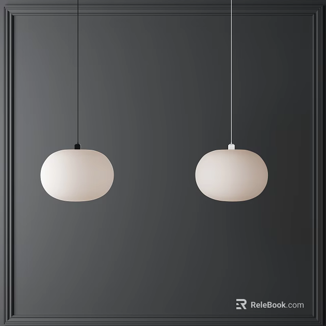 Two White Round Pendant Lights Hanging In Modern Dark Wall Space 3d model