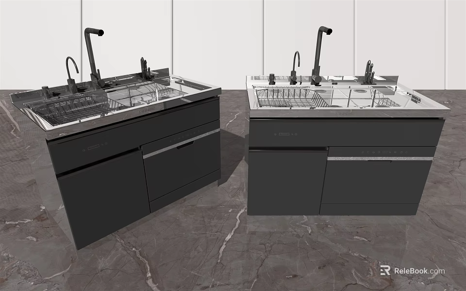 Modern Kitchen Sink Design With Stainless Steel Basin And Black Cabinets 3d model 