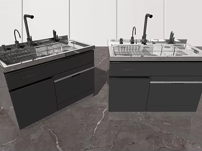Modern Kitchen Sink Design With Stainless Steel Basin And Black Cabinets 3d model