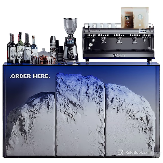 Café Counter With Order Here Sign Coffee Machine Blender Bottles And Mountain Design 3d model 