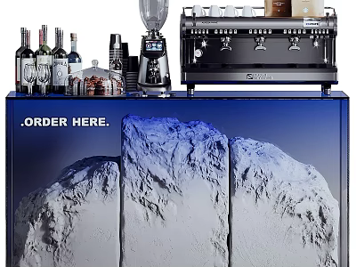 Café Counter With Order Here Sign Coffee Machine Blender Bottles And Mountain Design 3d model