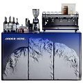 Café Counter With Order Here Sign Coffee Machine Blender Bottles And Mountain Design