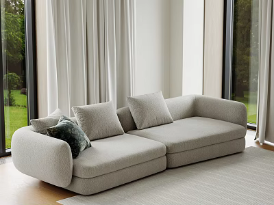 Light Gray Three-Seater Sofa With Cushions In Modern Living Room Large Windows Green Landscape View 3d model