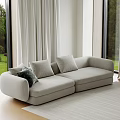 Light Gray Three-Seater Sofa With Cushions In Modern Living Room Large Windows Green Landscape View
