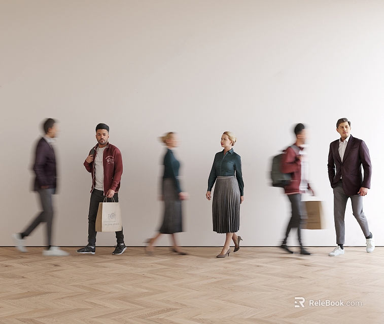 People Walking With Shopping Bags in Indoor Space With Light Colored Walls And Wooden Floor 3d model 