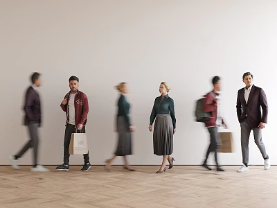 People Walking With Shopping Bags in Indoor Space With Light Colored Walls And Wooden Floor 3d model