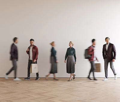 People Walking With Shopping Bags in Indoor Space With Light Colored Walls And Wooden Floor 3d model