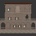 Ancient Architecture Two Story Building Featuring Arched Windows Balconies Stone Exterior And Red Roof