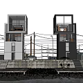 Modern Waterfront Architecture With Two Tall Buildings Docks And Overhead Power Lines