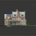 Red Brick House Exterior With Multiple Chimneys Solar Panels Green Lawn And Driveway