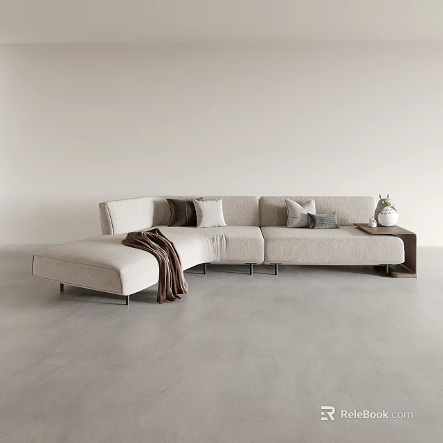 Modern Beige Sectional Sofa With Pillows Throw Blanket And Side Table In Living Room 3d model 