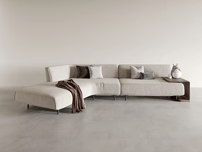 Modern Beige Sectional Sofa With Pillows Throw Blanket And Side Table In Living Room 3d model