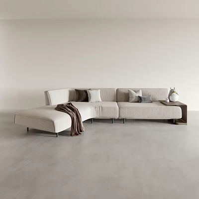Modern Beige Sectional Sofa With Pillows Throw Blanket And Side Table In Living Room 3d model