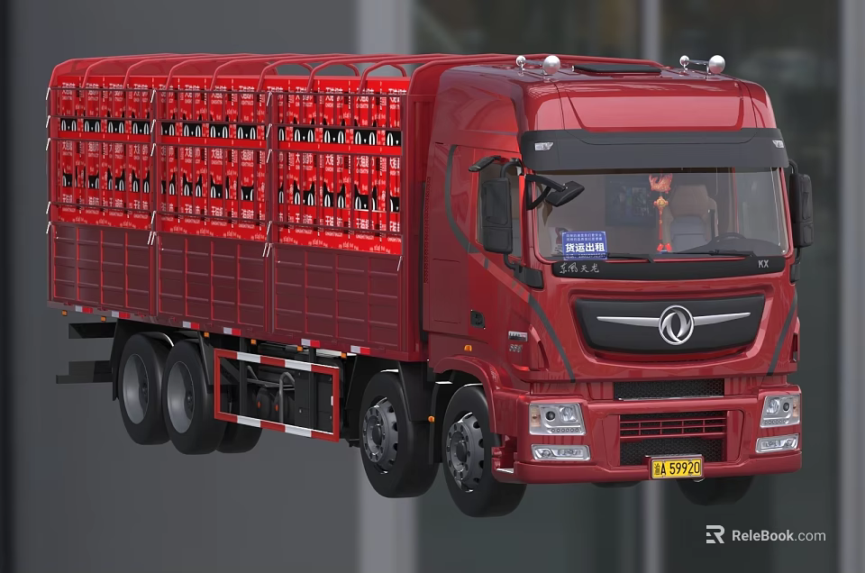 Red Heavy Duty Truck With Metal Cage Structure For Goods Transportation 3d model 