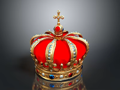 Decorative Red Crown With Gold Cross Ornaments And Colorful Gems On Dark Background 3d model