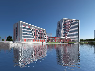 Modern Fire Station Twin Buildings With Waterfront Reflection And Geometric Facade Design 3d model