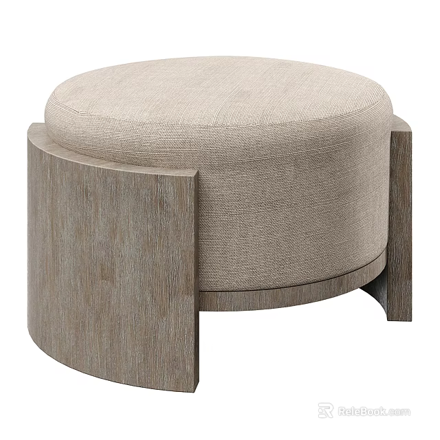 Round Beige Upholstered Ottoman With Light Wooden Legs Modern Simple Design 3d model 